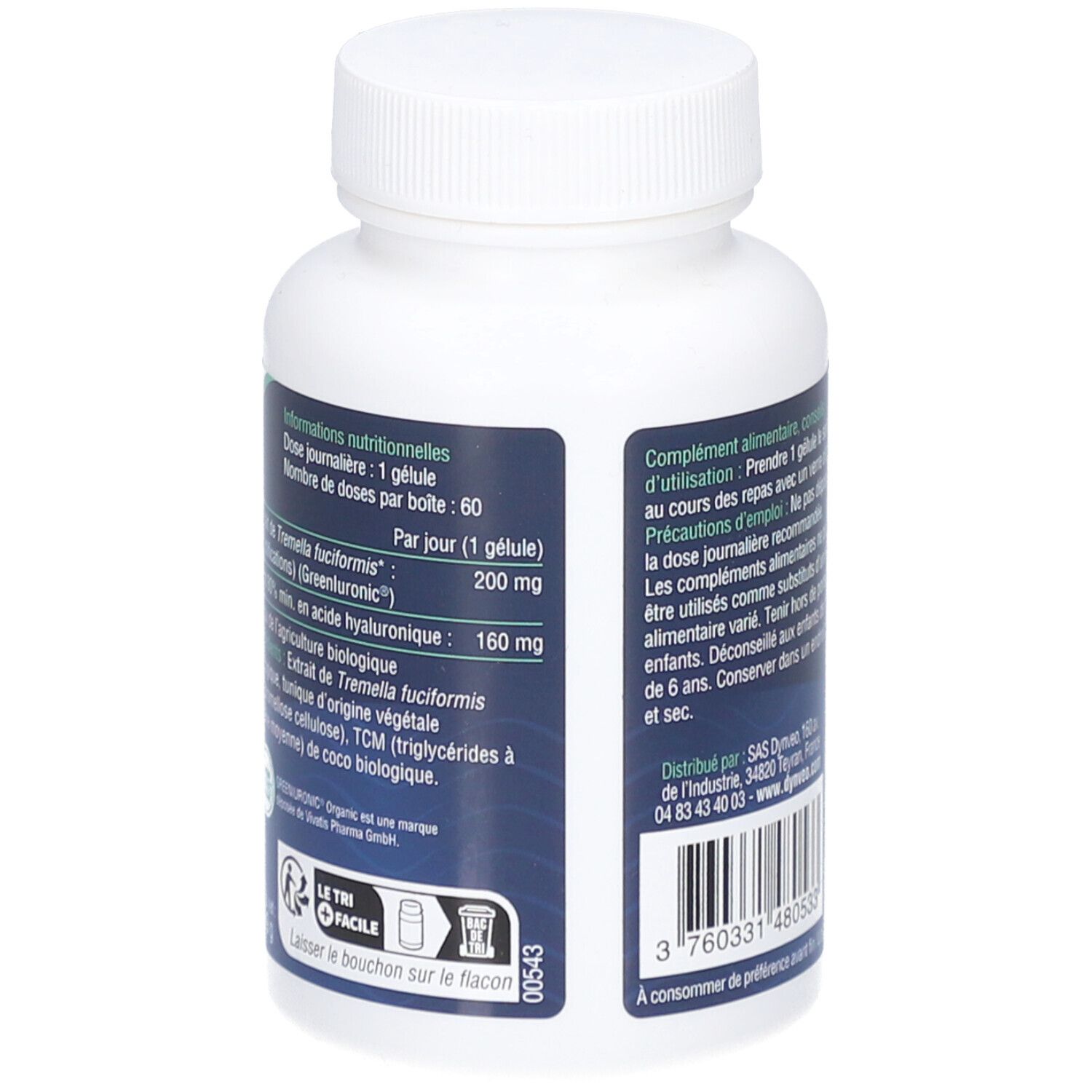 Rückseite der weißen Kapsel-Dose. Blaue Etikett mit Nährwertangaben und Inhaltsstoffen. Bio-Siegel.