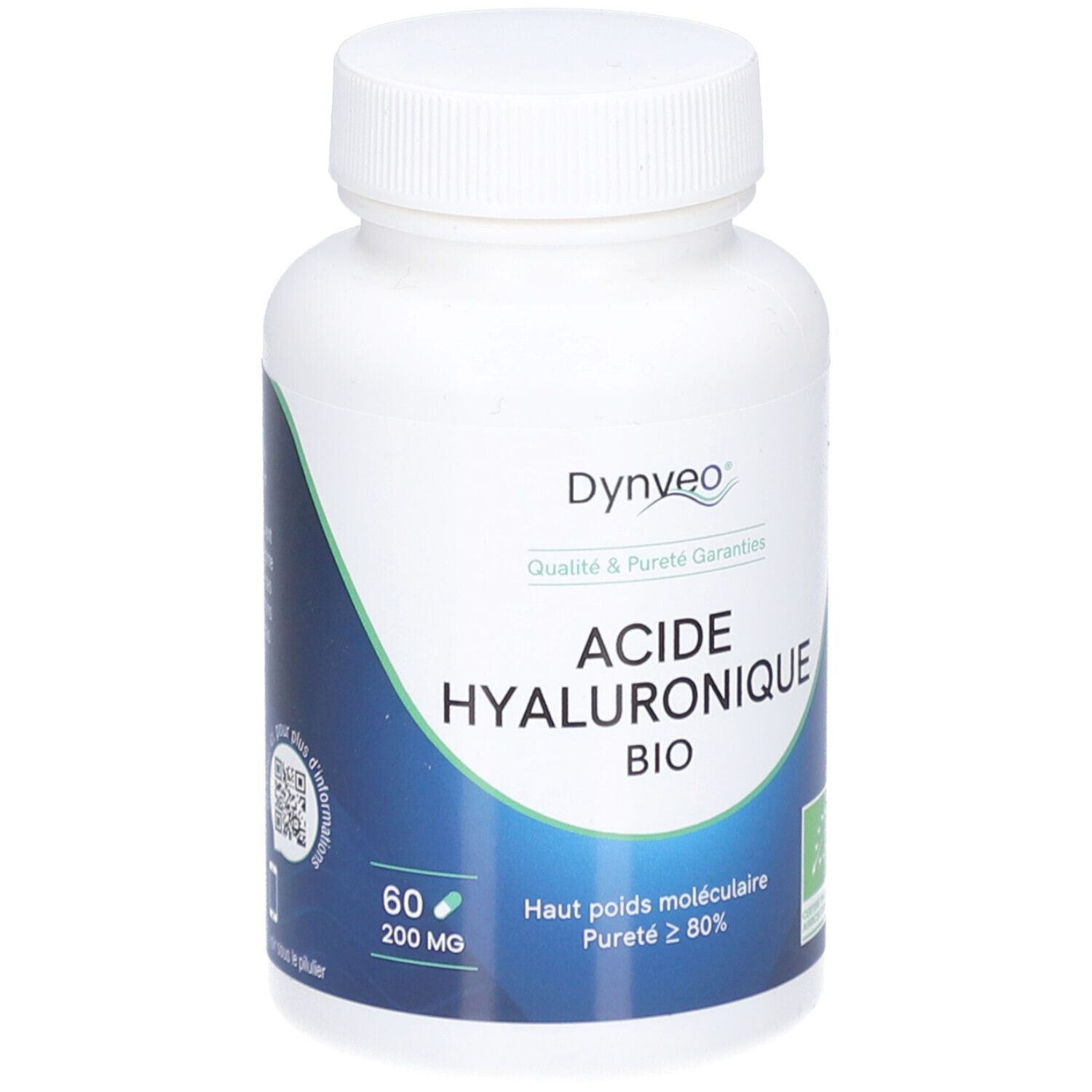 Weiße Kapsel-Dose mit blauem Etikett. Aufschrift: DYNVEO Acide Hyaluronique Bio. Mit QR-Code.
