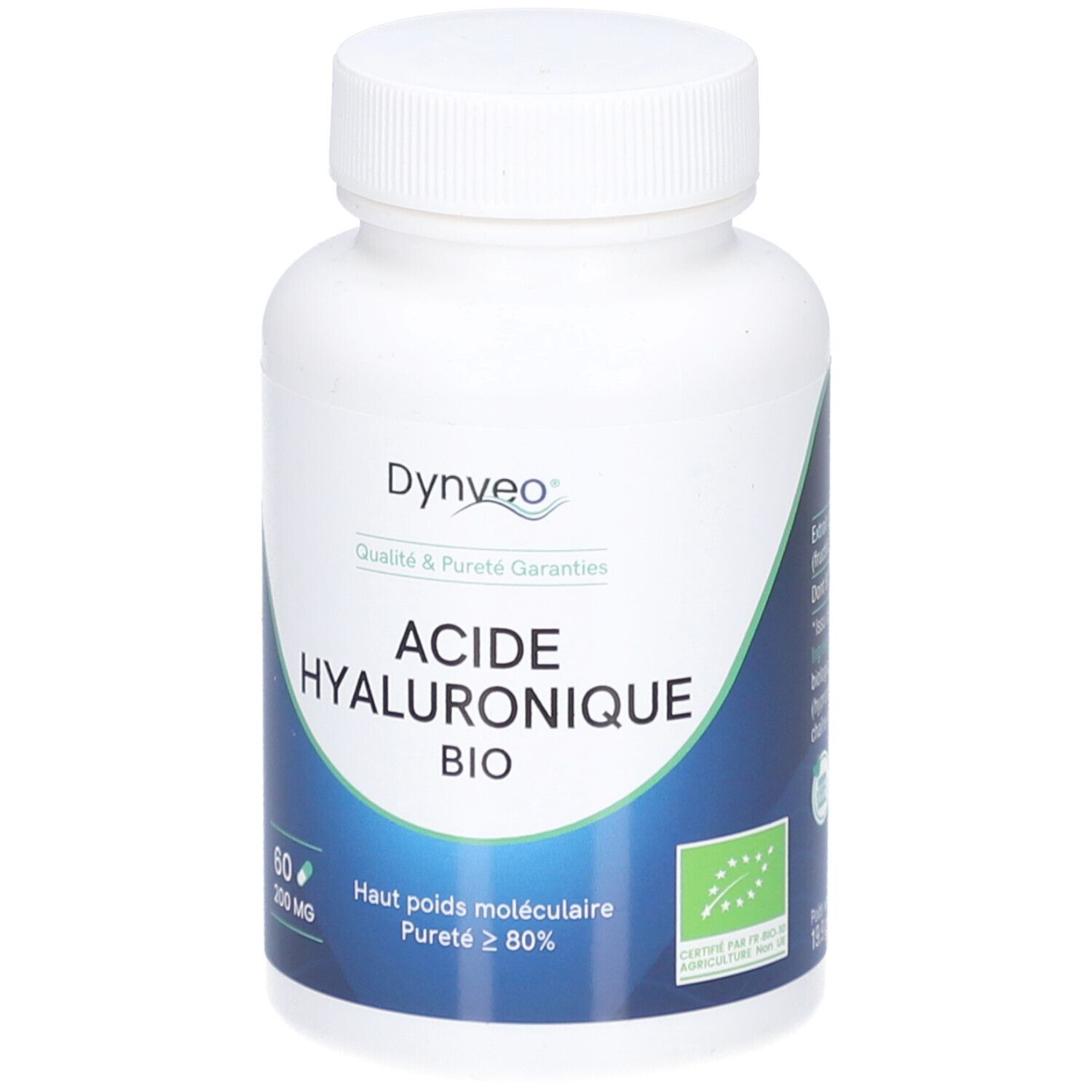 Weiße Kapsel-Dose mit blauem Etikett. Aufschrift: DYNVEO Acide Hyaluronique Bio. Mit Bio-Siegel.