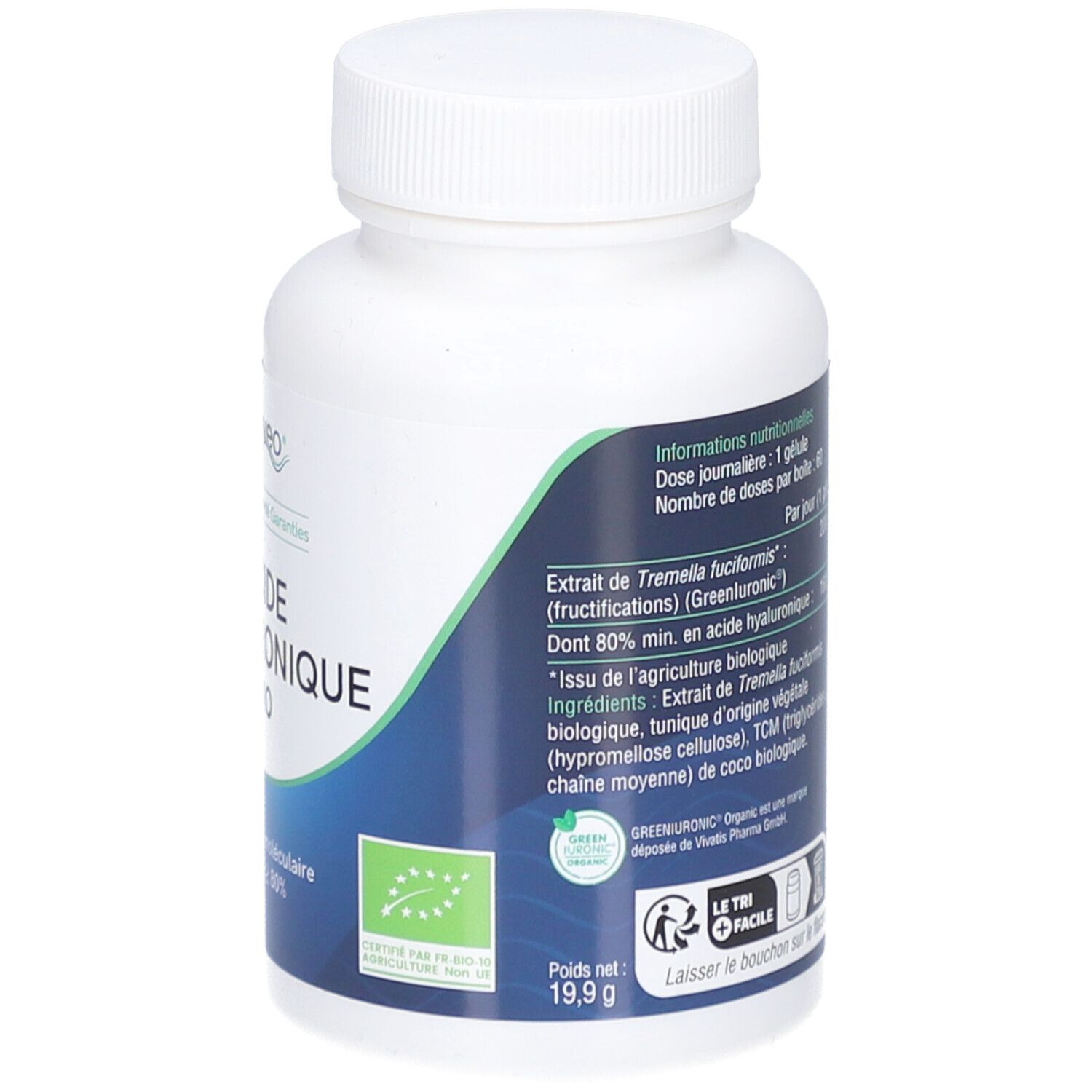 Rückseite der weißen Kapsel-Dose. Blaue Etikett mit Inhaltsstoffen und Bio-Siegel. Gewicht: 19,9 g.