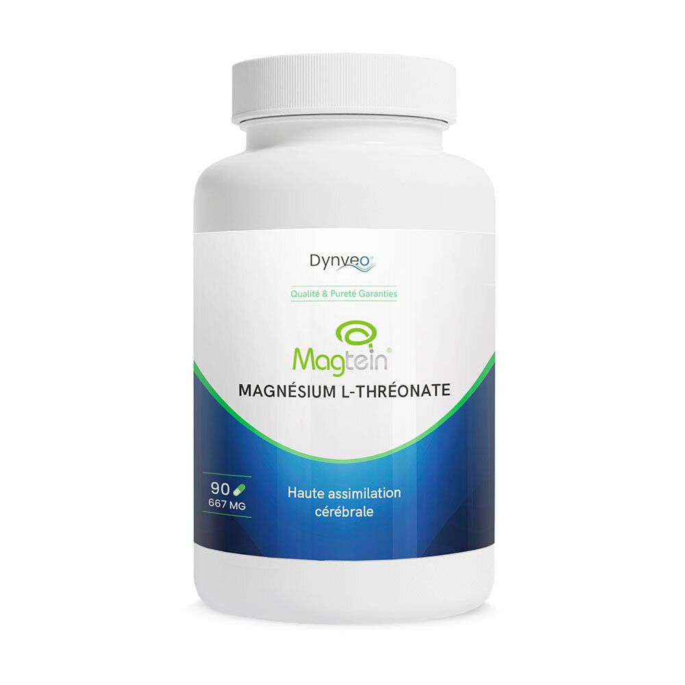 Weiße Flasche mit Kapseln. Aufschrift: Dynveo, Magtein, Magnesium L-Threonat. 90 Kapseln, 667 mg.