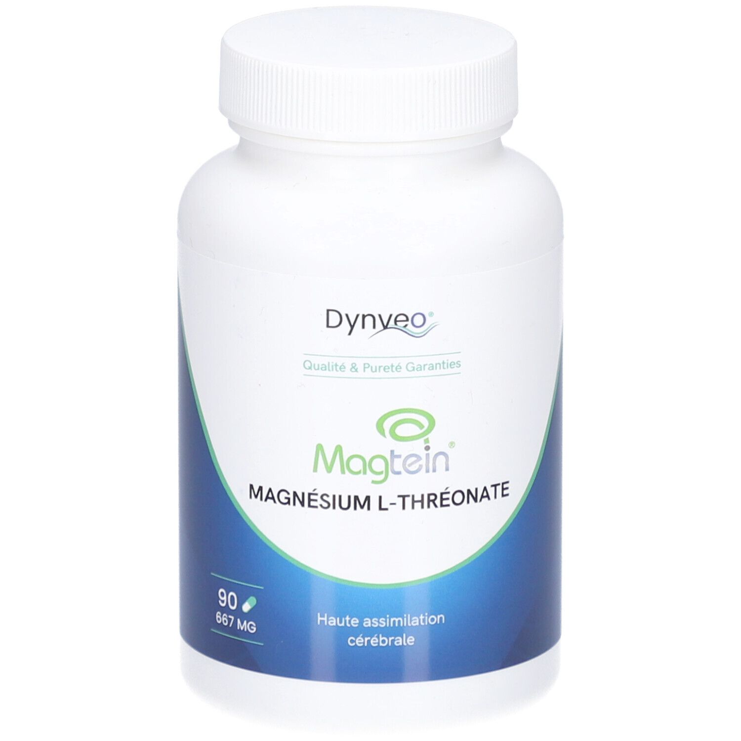 Weiße Flasche mit Kapseln. Aufschrift: Dynveo, Magtein, Magnesium L-Threonat. 90 Kapseln, 667 mg.