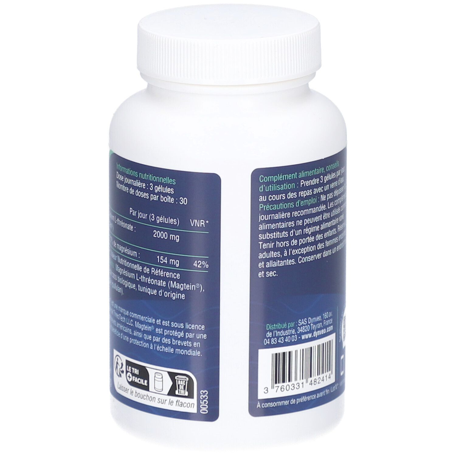 Rückseite einer weißen Flasche mit Kapseln. Text: Nährwertangaben, Inhaltsstoffe, QR-Code, 90 Kapseln.