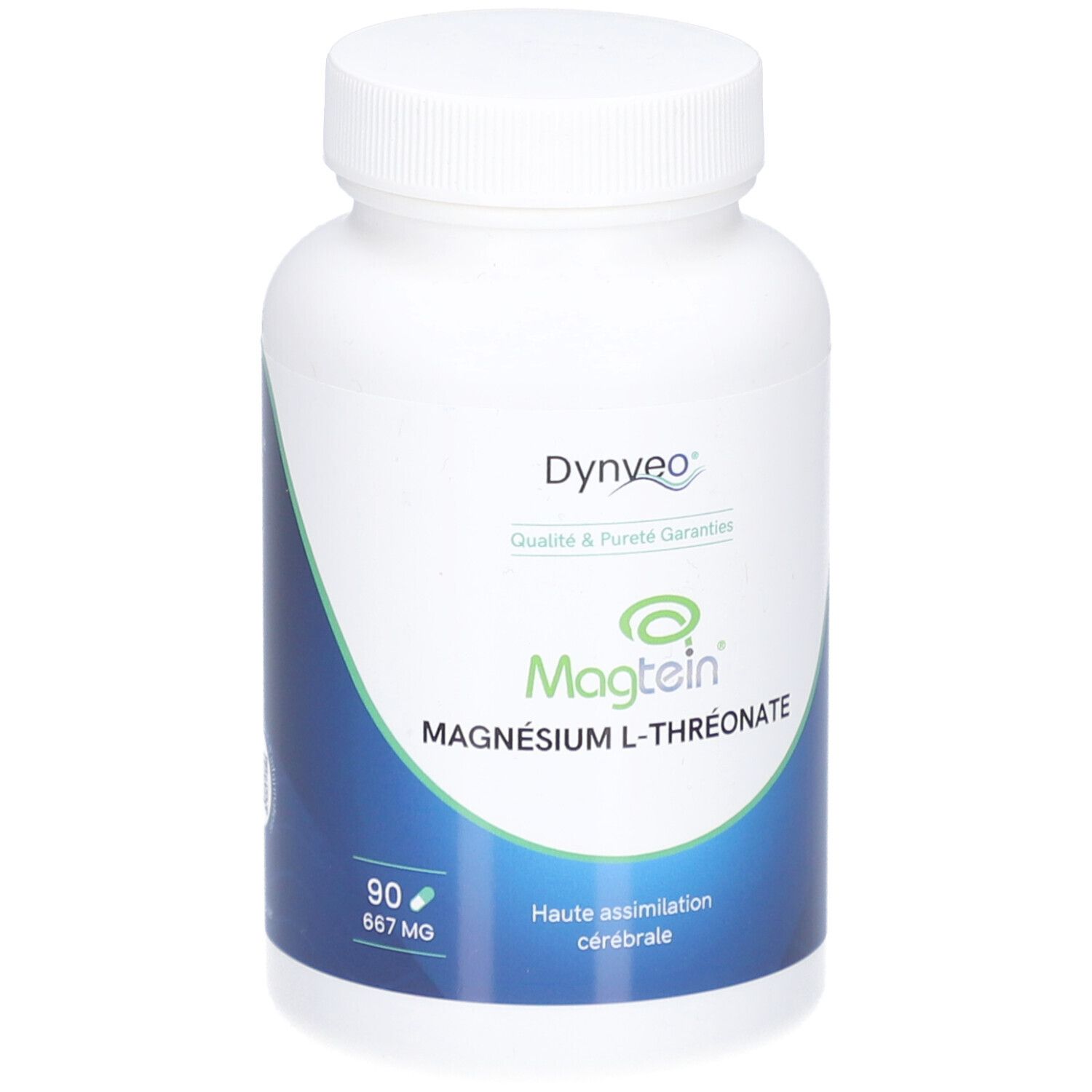 Weiße Flasche mit Kapseln. Aufschrift: Dynveo, Magtein, Magnesium L-Threonat. 90 Kapseln, 667 mg.