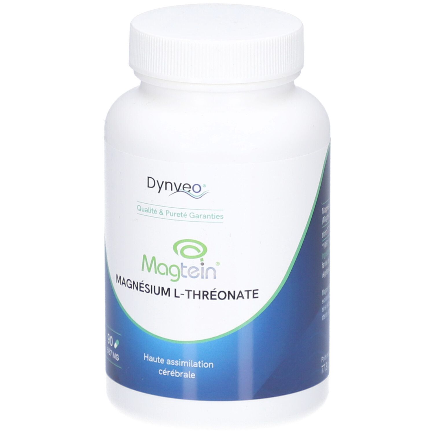 Weiße Flasche mit Kapseln. Aufschrift: Dynveo, Magtein, Magnesium L-Threonat. 90 Kapseln, 667 mg.