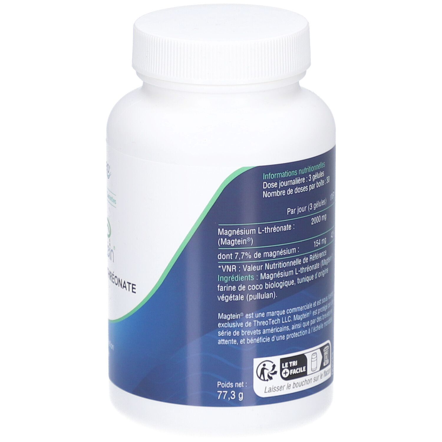 Rückseite einer weißen Flasche mit Kapseln. Text: Inhaltsstoffe, Nährwertangaben, Gewicht 77,3 g.