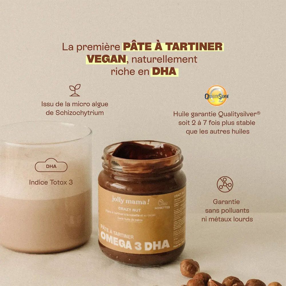 Pot de crème, verre de boisson. Texte: DHA, Omega 3 DHA, Qualitysilver, Garantie sans polluants.