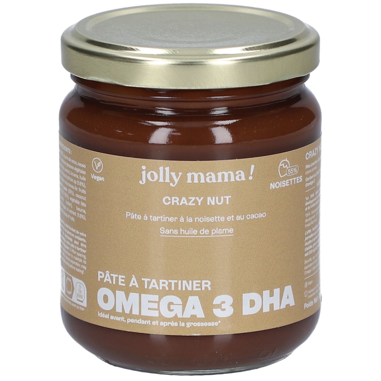 Glas mit JOLLY MAMA Crazy Nut. Aufschrift: Pâte à tartiner, Omega 3 DHA. Vegan-Siegel. Deckel aus Metall.