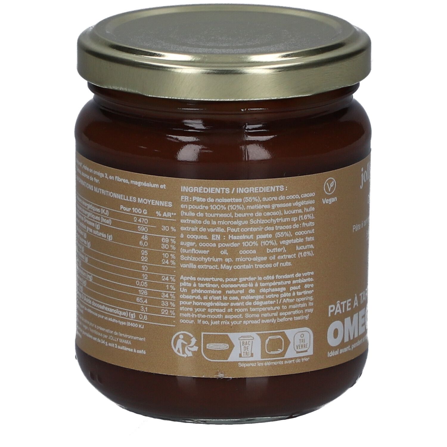 Rückseite des Glases mit JOLLY MAMA Crazy Nut. Zutatenliste, Nährwertangaben. Vegan-Siegel. Deckel aus Metall.