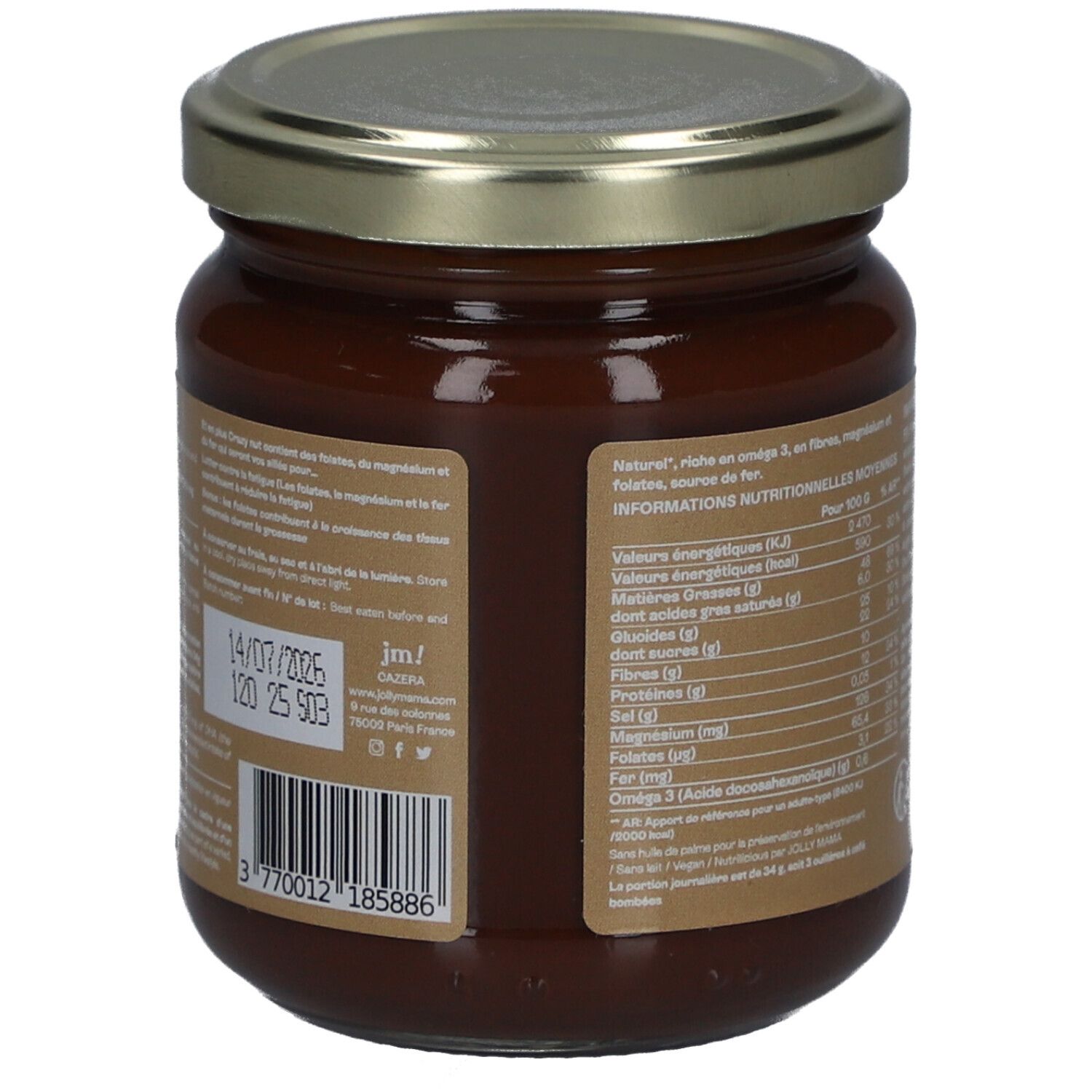 Rückseite des Glases mit JOLLY MAMA Crazy Nut. Nährwertangaben, Mindesthaltbarkeitsdatum. Barcode. Deckel aus Metall.
