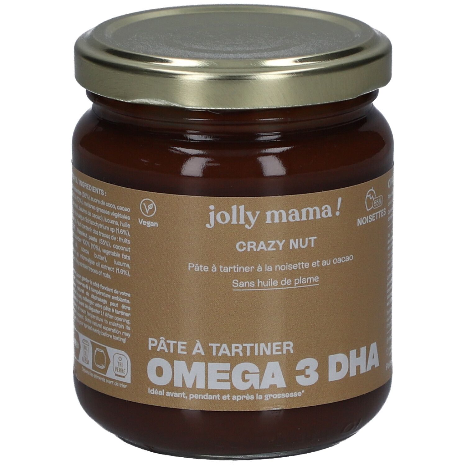 Glas mit JOLLY MAMA Crazy Nut. Aufschrift: Pâte à tartiner, Omega 3 DHA. Vegan-Siegel. Deckel aus Metall.