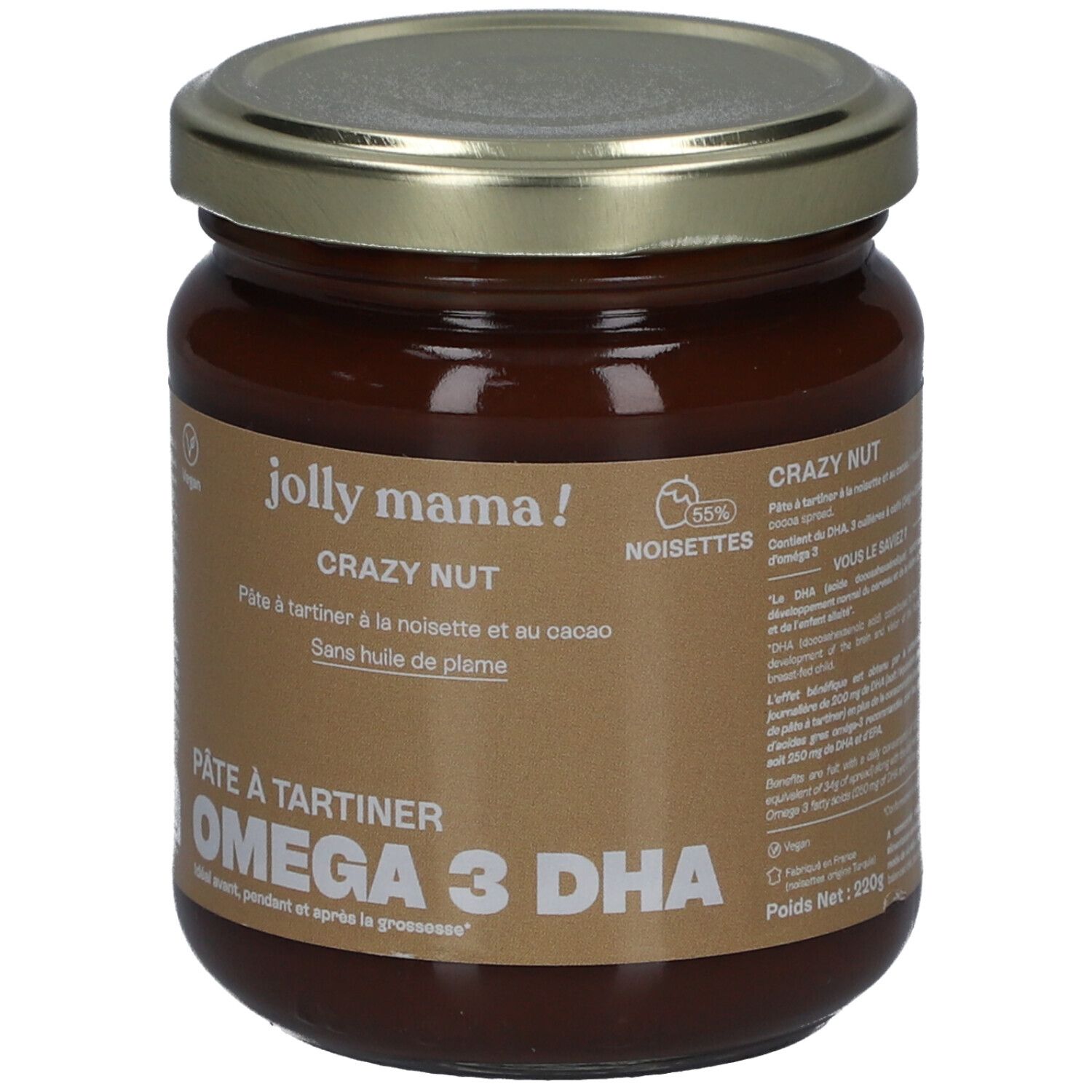 Glas mit JOLLY MAMA Crazy Nut. Aufschrift: Pâte à tartiner, Omega 3 DHA. Vegan-Siegel. Deckel aus Metall. 55% Haselnüsse.