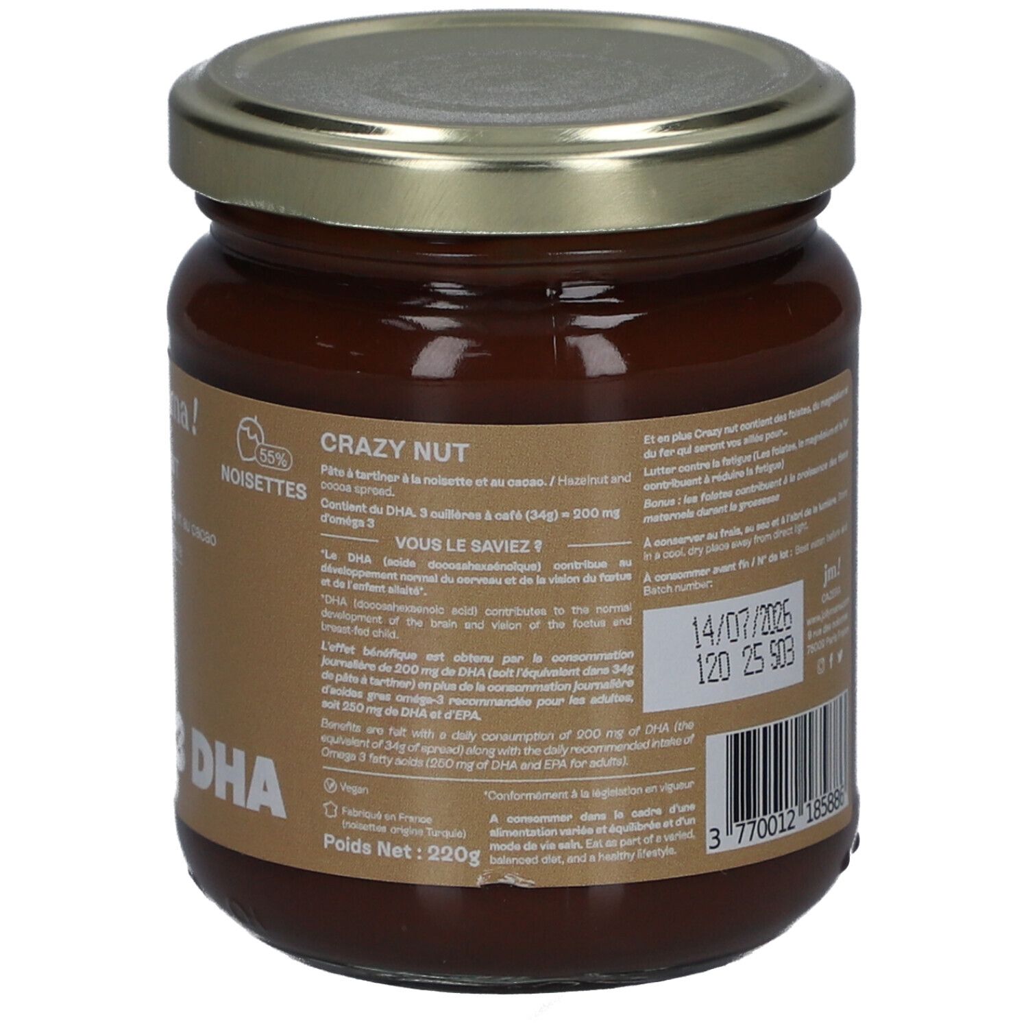 Glas mit JOLLY MAMA Crazy Nut. Aufschrift: Pâte à tartiner, Omega 3 DHA. Vegan-Siegel. Deckel aus Metall. 220g. 55% Haselnüsse.