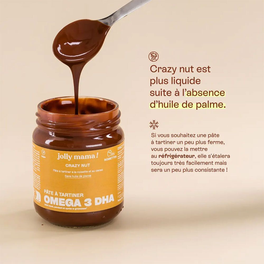 Pot de crème, cuillère. Texte: Crazy Nut est plus liquide sans huile de palme.