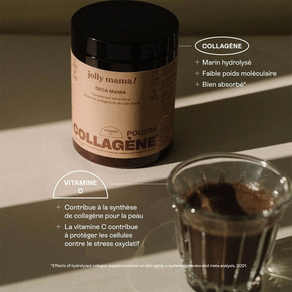 Braune Dose mit schwarzem Deckel. Aufschrift: JOLLY MAMA! DECA MAMA. Daneben Glas mit brauner Flüssigkeit.