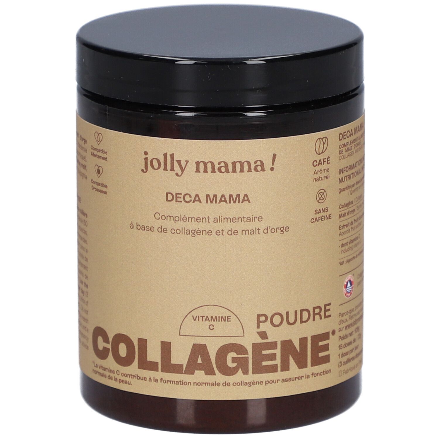 Braune Dose mit schwarzem Deckel. Aufschrift: JOLLY MAMA Deca Mama, COLLAGÈNE, Poudre. Enthält Vitamin C.