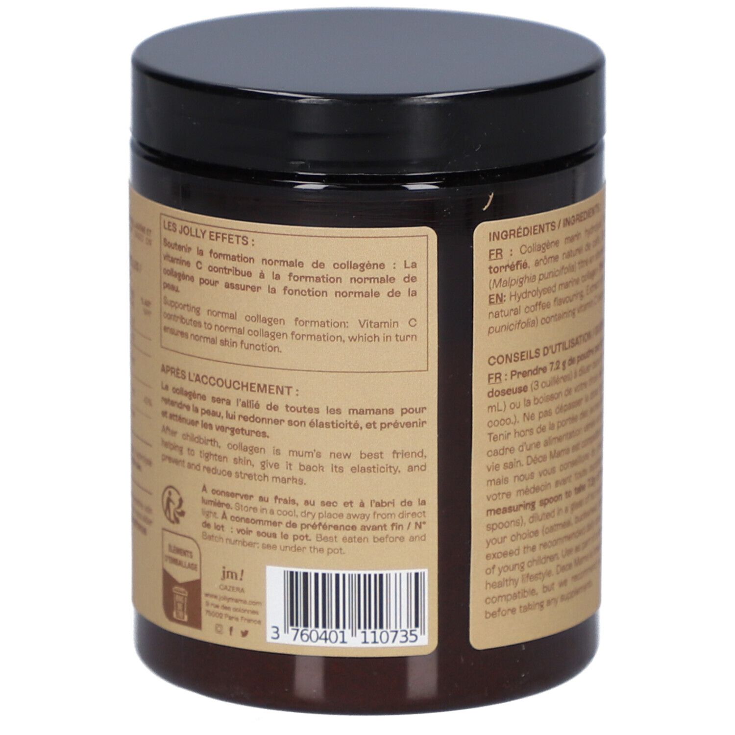 Rückseite der Dose. Text über die Wirkung von Kollagen. Text in Französisch und Englisch. Braune Dose mit schwarzem Deckel.