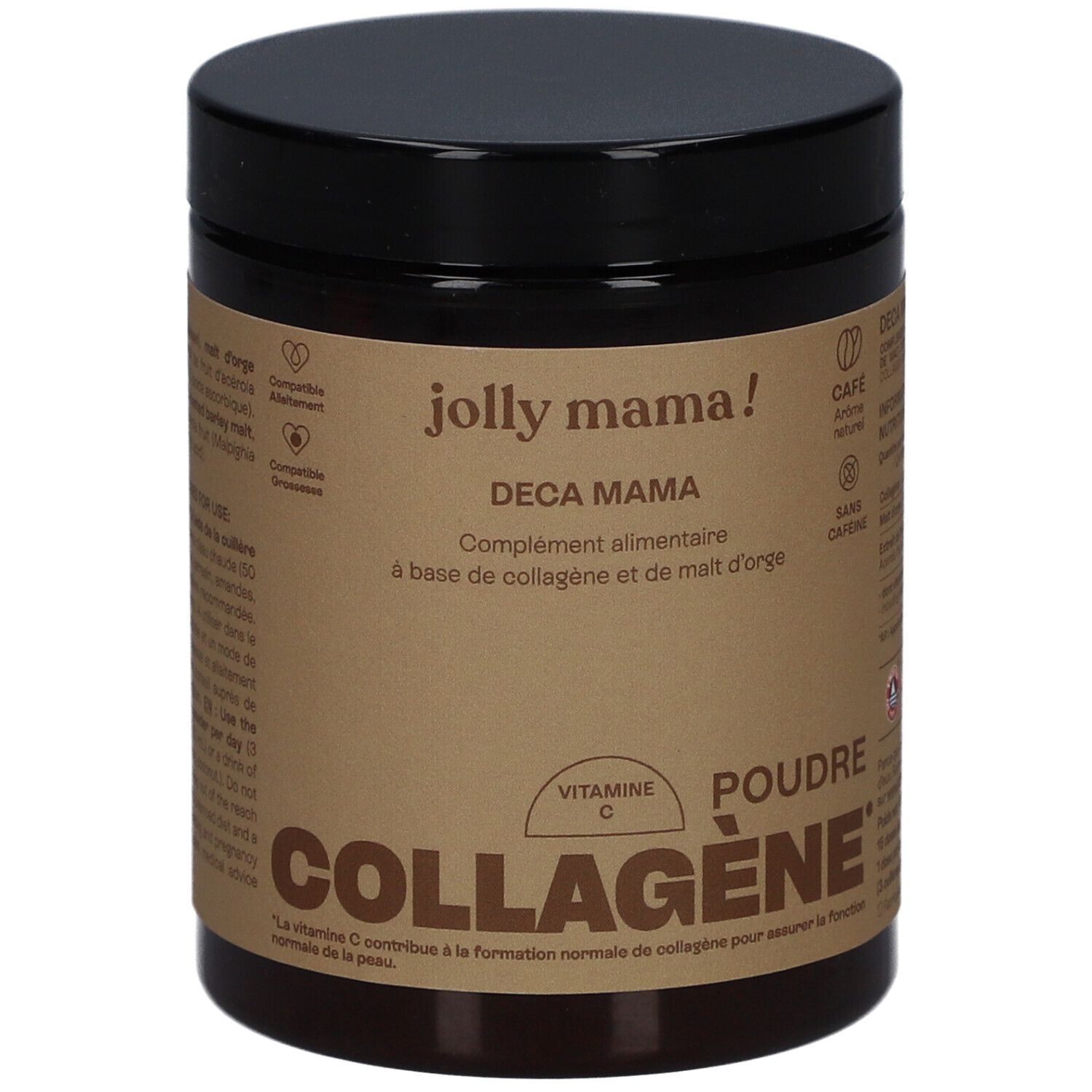 Braune Dose mit schwarzem Deckel. Aufschrift: JOLLY MAMA Deca Mama, COLLAGÈNE, Poudre. Enthält Vitamin C.