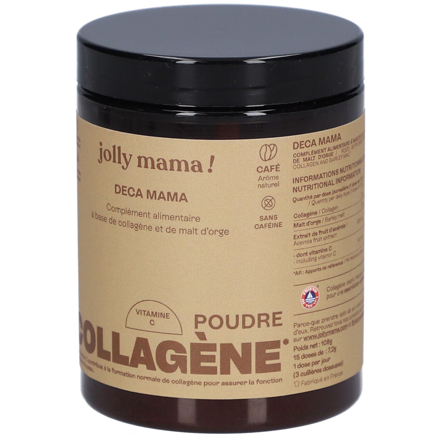 Braune Dose mit schwarzem Deckel. Aufschrift: JOLLY MAMA Deca Mama, COLLAGÈNE, Poudre. Enthält Vitamin C. Informationen.