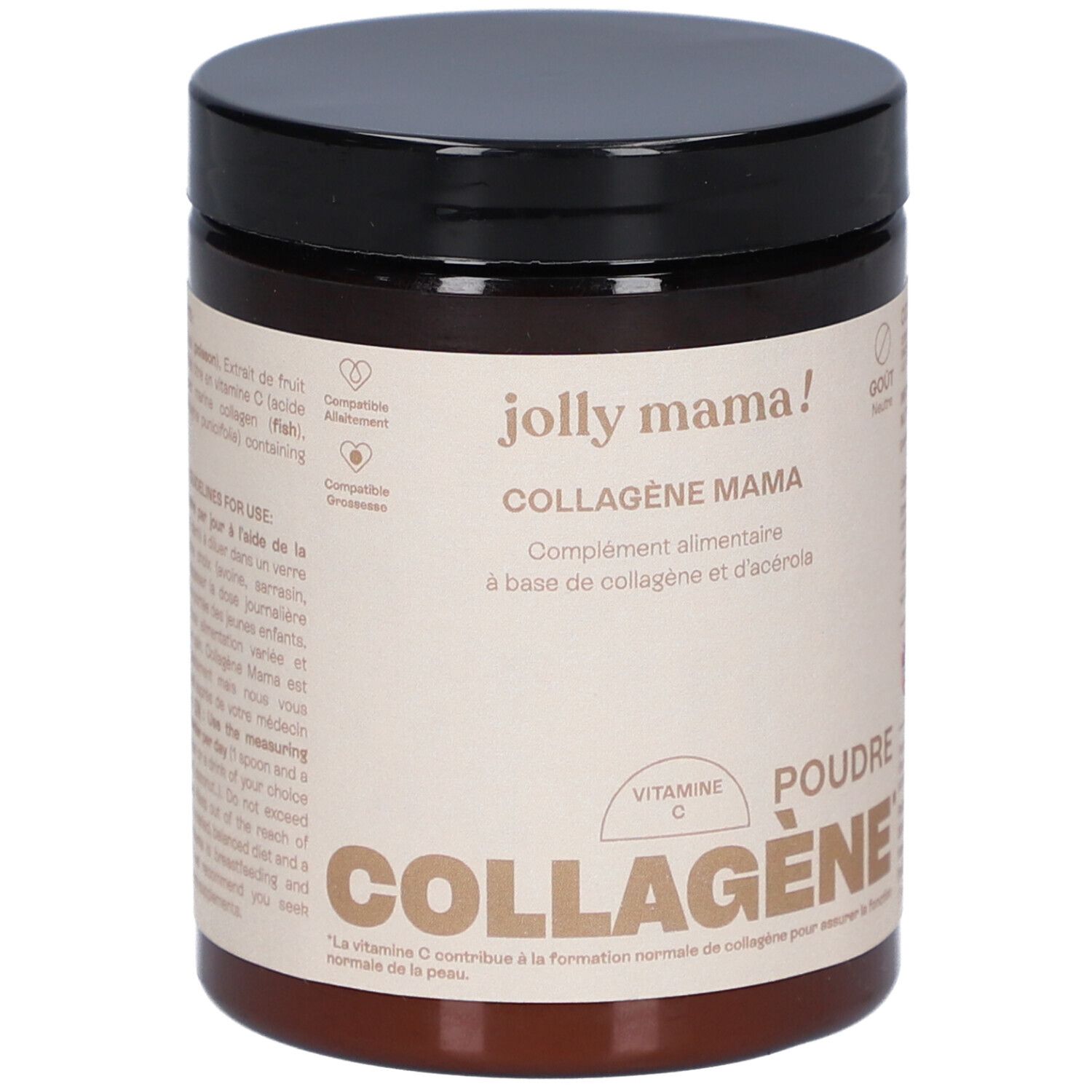 Pot marron avec couvercle noir. Inscription: JOLLY MAMA Collagène Mama, Poudre, Vitamine C.
