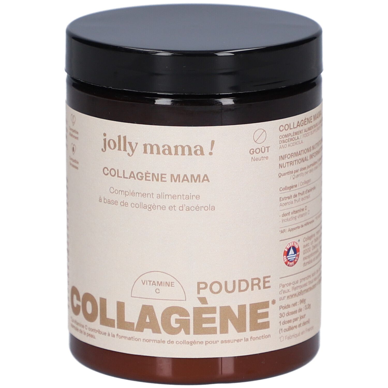 Pot marron avec couvercle noir. Inscription: JOLLY MAMA Collagène Mama, Poudre, Vitamine C.
