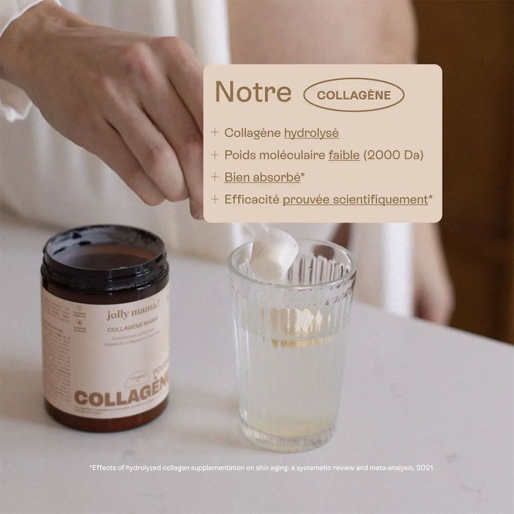 Verre avec liquide, cuillère et pot JOLLY MAMA Collagène Mama. Texte: Notre collagène. Collagène hydrolysé, faible poids moléculaire.