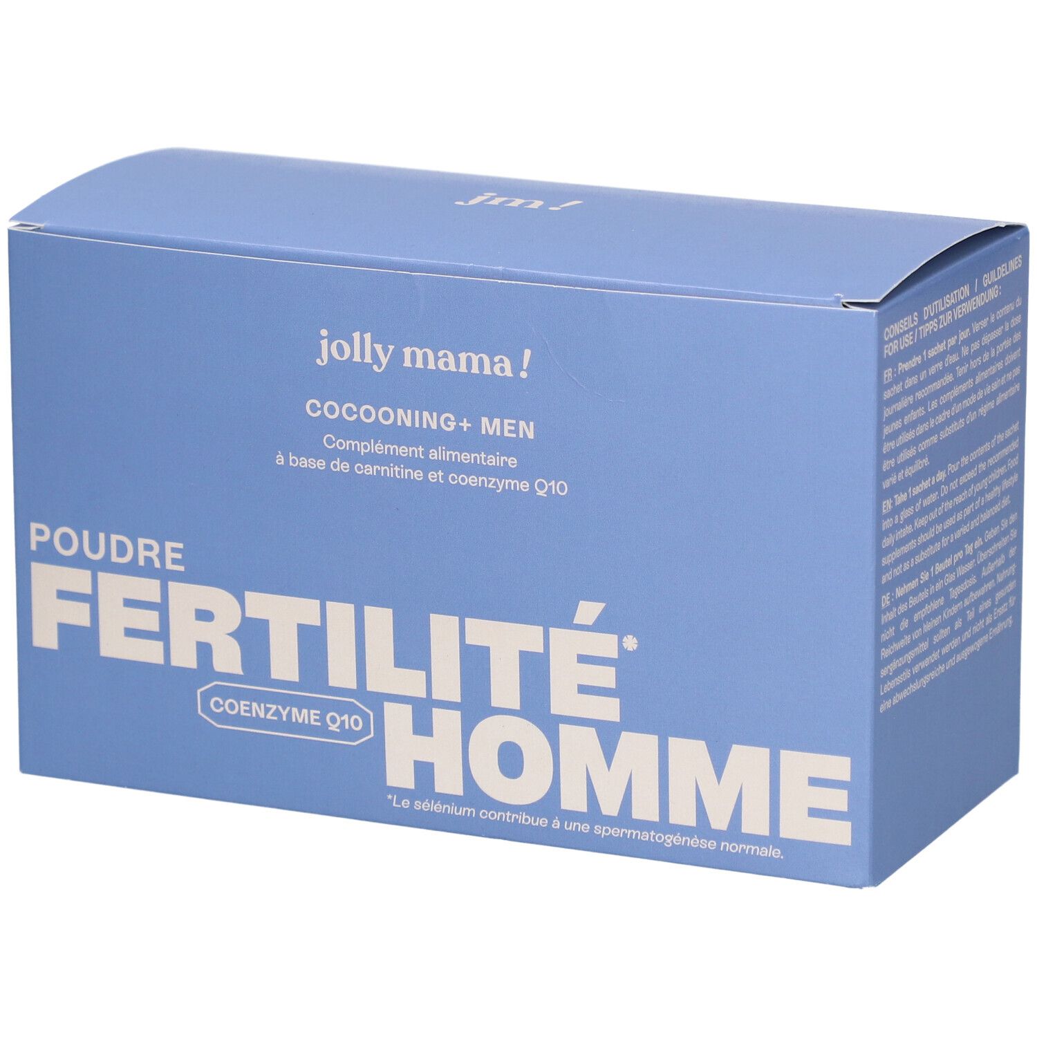 Hellblaue Schachtel mit Aufschrift JOLLY MAMA Cocooning + Men. Text: Poudre Fertilité Homme, Coenzyme Q10.
