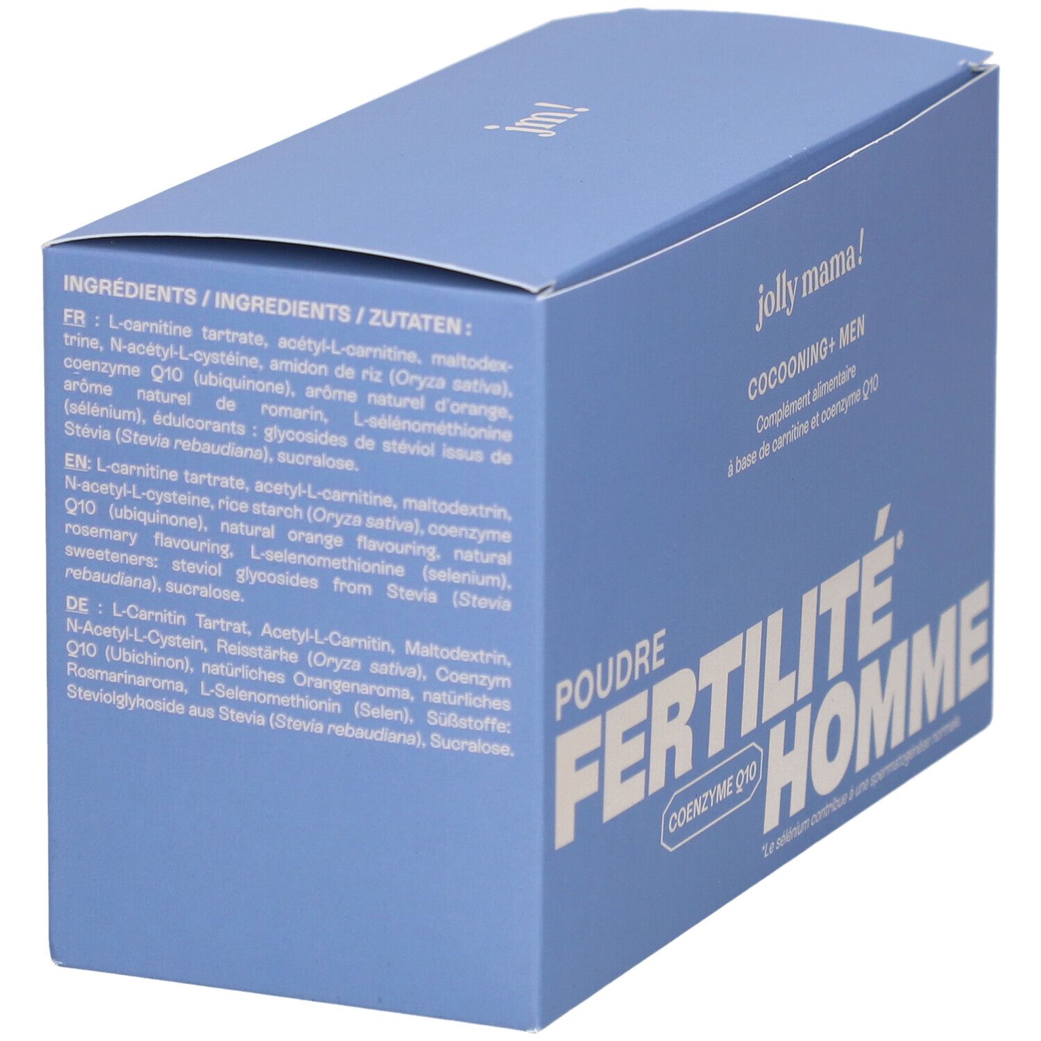 Hellblaue Schachtel mit Zutatenliste. Text: JOLLY MAMA Cocooning + Men. Poudre Fertilité Homme, Coenzyme Q10.