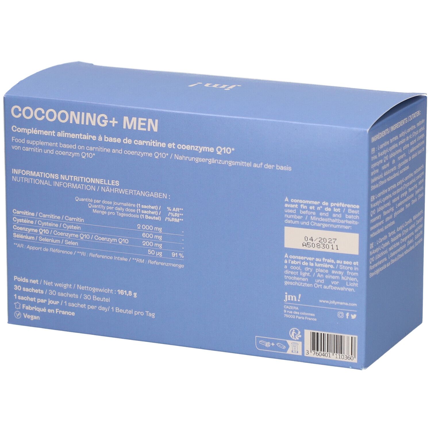 Hellblaue Schachtel mit Nährwertangaben. Text: JOLLY MAMA Cocooning + Men. Poudre Fertilité Homme, Coenzyme Q10.