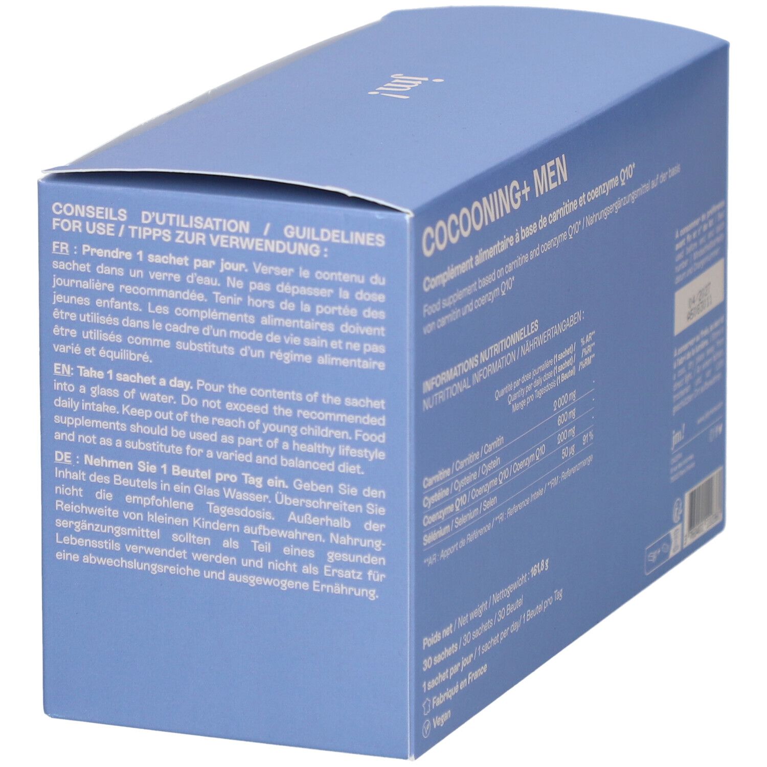 Hellblaue Schachtel mit Gebrauchsanweisung. Text: JOLLY MAMA Cocooning + Men. Poudre Fertilité Homme, Coenzyme Q10.