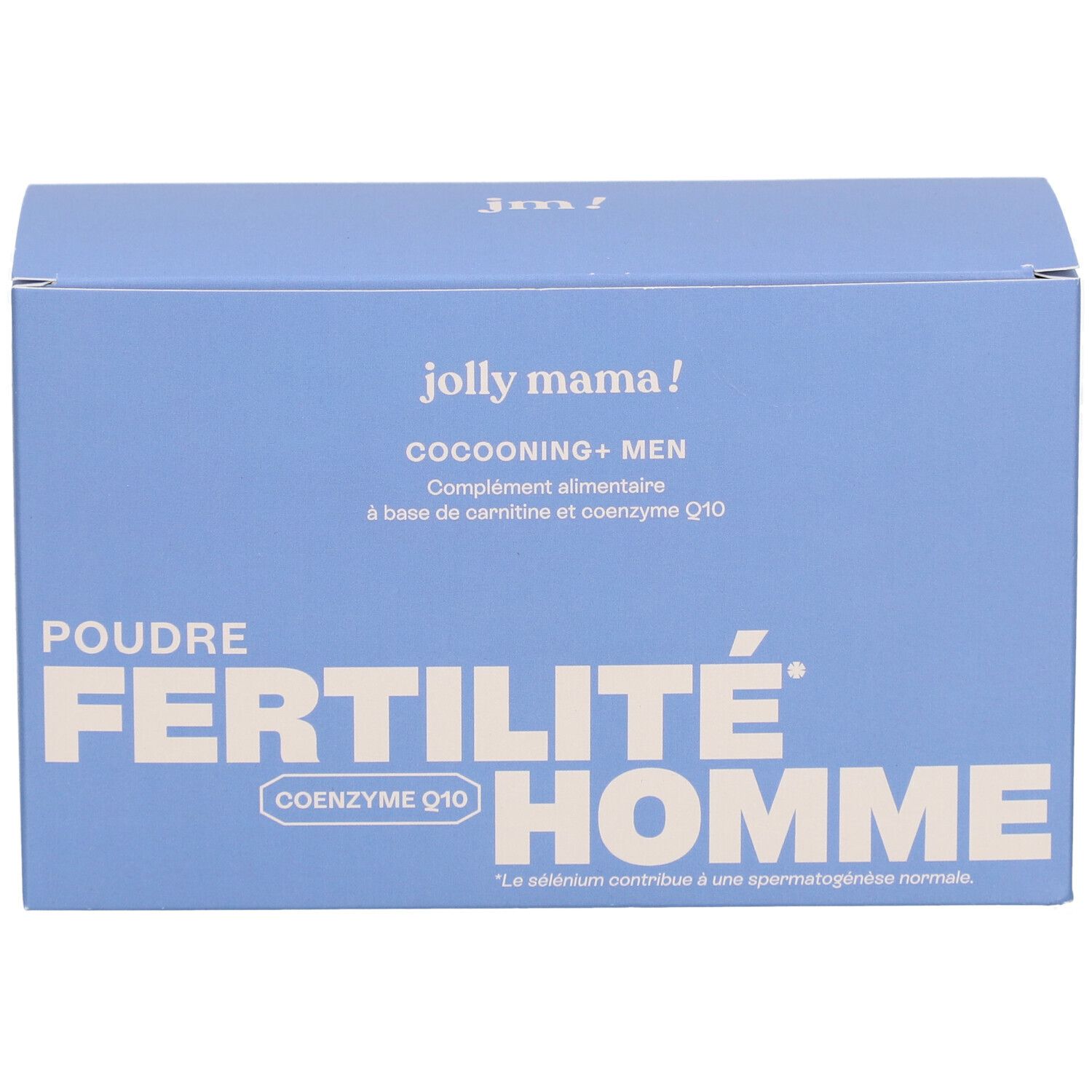 Hellblaue Schachtel mit Aufschrift JOLLY MAMA Cocooning + Men. Text: Poudre Fertilité Homme, Coenzyme Q10.