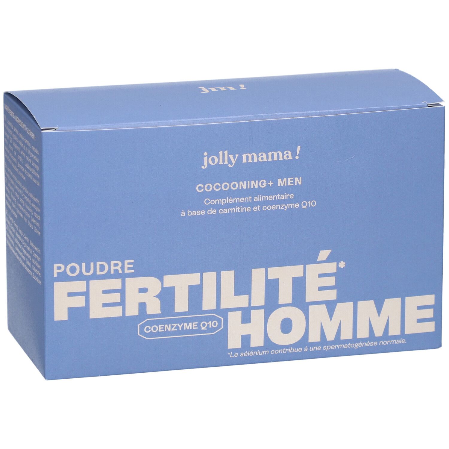 Hellblaue Schachtel mit Aufschrift JOLLY MAMA Cocooning + Men. Text: Poudre Fertilité Homme, Coenzyme Q10.