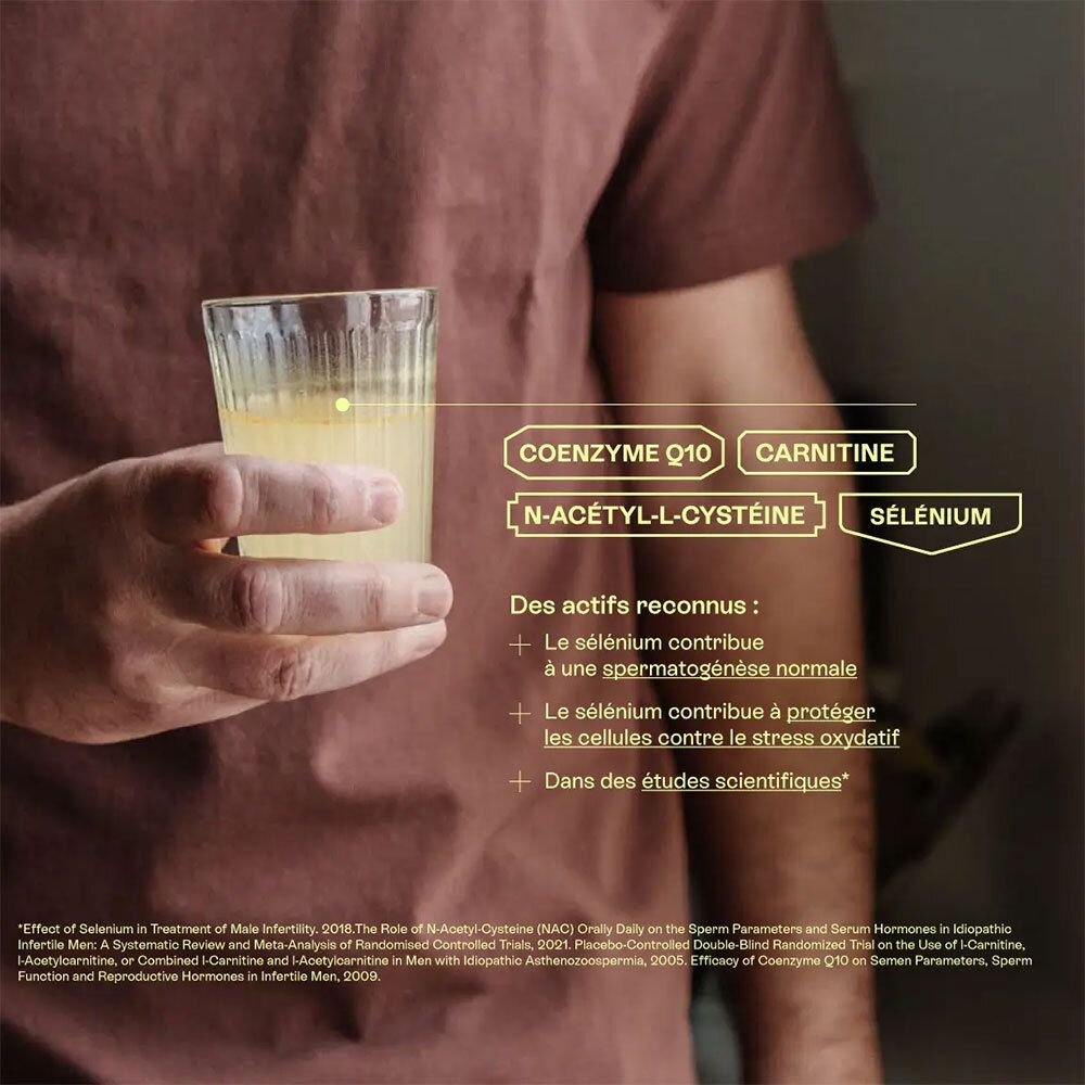 Glas mit gelber Flüssigkeit. Text mit Inhaltsstoffen: Coenzym Q10, Carnitin, N-Acetyl-L-Cystein, Selen.