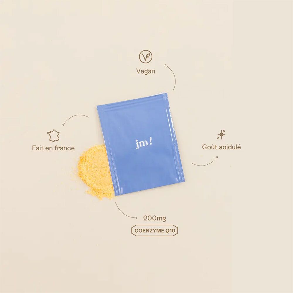 Blauer Beutel mit gelbem Pulver. Aufschrift "jm!". Text: 200mg Coenzym Q10. Vegan-Logo. "Fait en France".