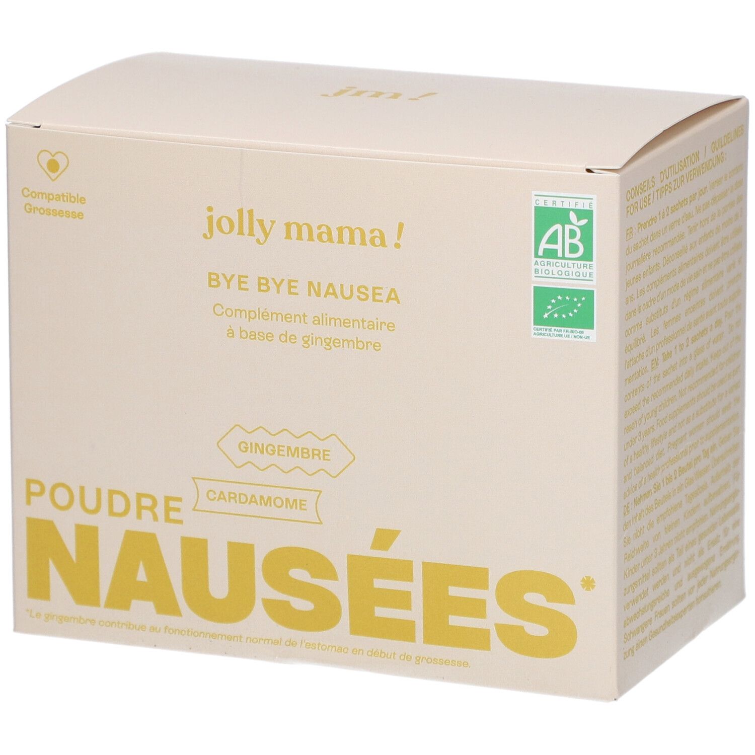 Boîte beige JOLLY MAMA Bye Bye Nausea. Label AB. Texte : Poudre Nausées, Gingembre, Cardamome. Compatible Grossesse.