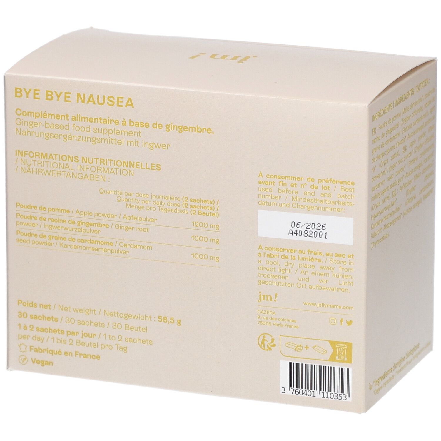 Boîte beige avec informations nutritionnelles. Texte : Bye Bye Nausea, 30 sachets, 58,5g. À consommer avant 06/2026. Vegan. Vue d'angle.