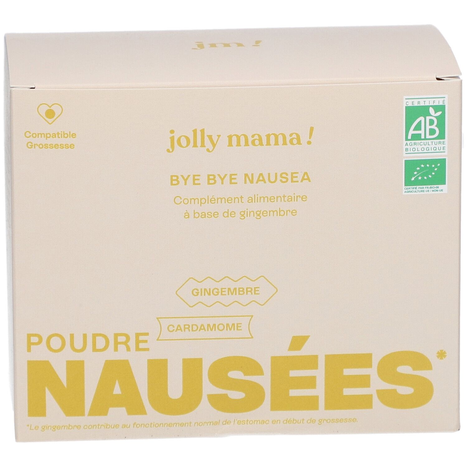 Boîte beige JOLLY MAMA Bye Bye Nausea. Label AB. Texte : Poudre Nausées, Gingembre, Cardamome. Compatible Grossesse.