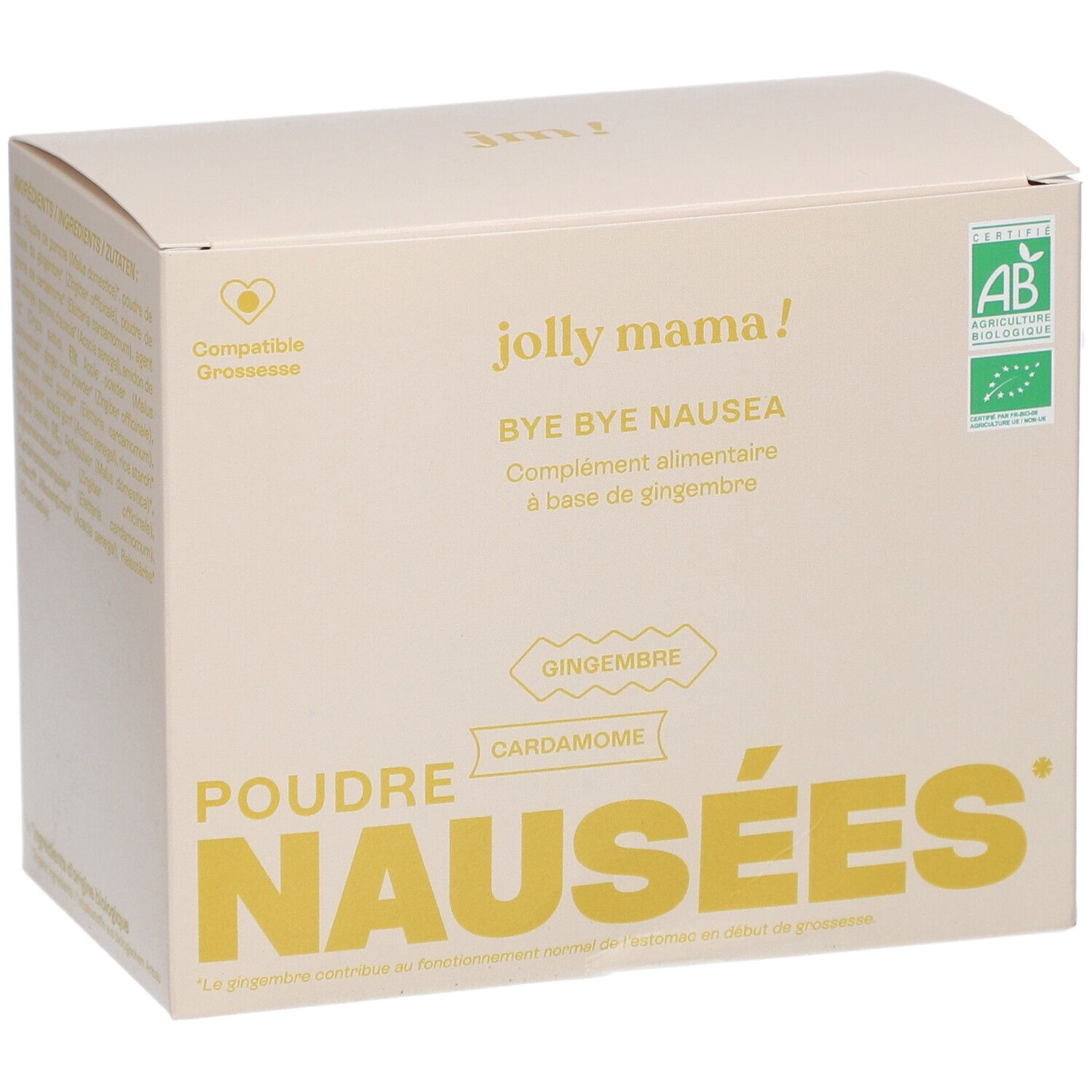 Boîte beige JOLLY MAMA Bye Bye Nausea. Label AB. Texte : Poudre Nausées, Gingembre, Cardamome. Compatible Grossesse.