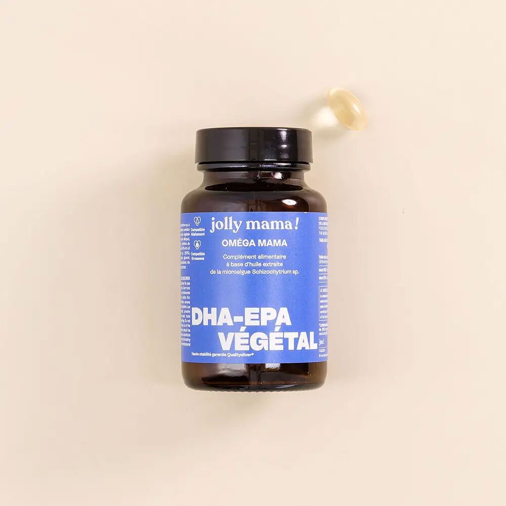 Braune Glasflasche mit schwarzem Deckel. Aufkleber mit Produktnamen und Kapsel daneben. DHA-EPA VÉGÉTAL.