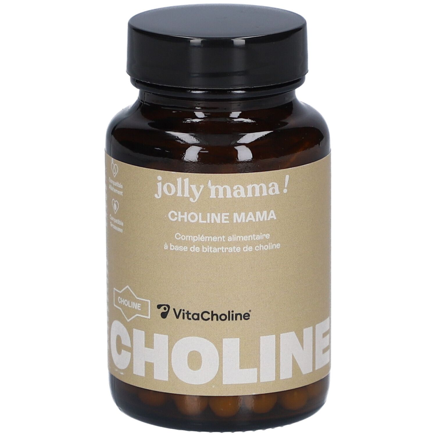 Flacon brun avec bouchon noir. Inscription: JOLLY MAMA Choline Mama, VitaCholine, Choline.