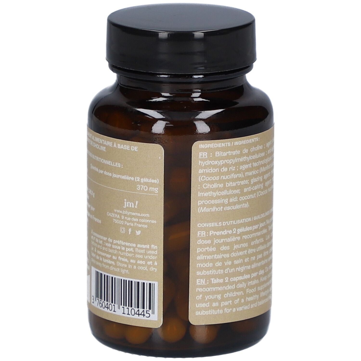 Dos du flacon brun. Inscription: Ingrédients, mode d'emploi, Choline, 370 mg, jm!, code-barres.