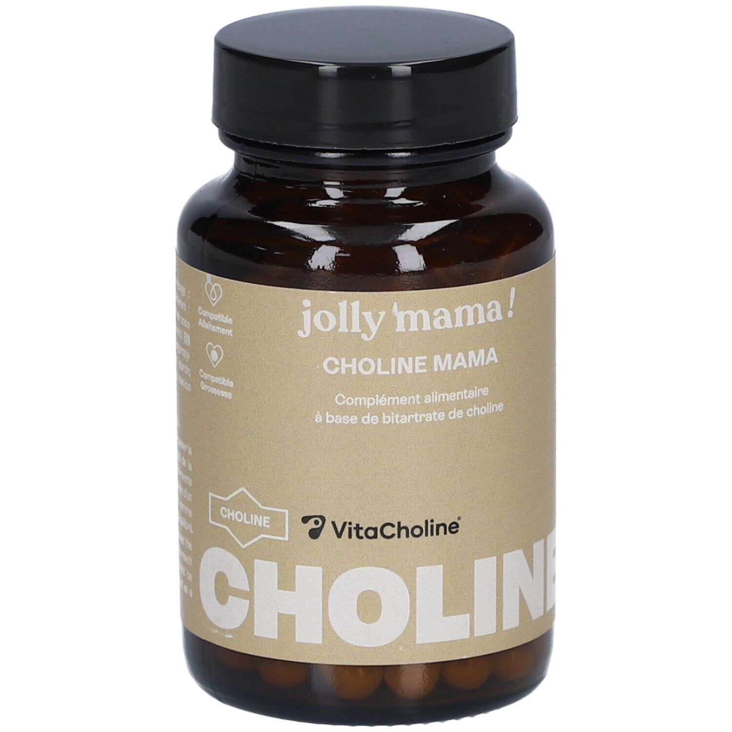 Flacon brun avec bouchon noir. Inscription: JOLLY MAMA Choline Mama, VitaCholine, Choline.