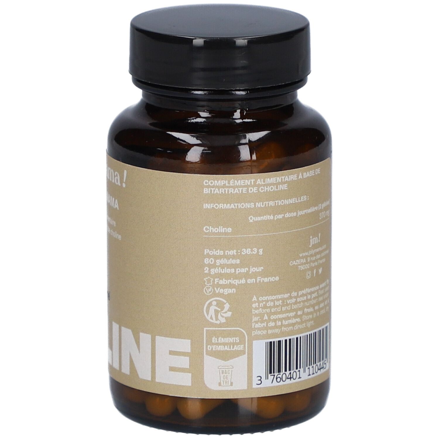 Dos du flacon brun. Inscription: JOLLY MAMA, Choline, 60 gélules, Vegan, code-barres.
