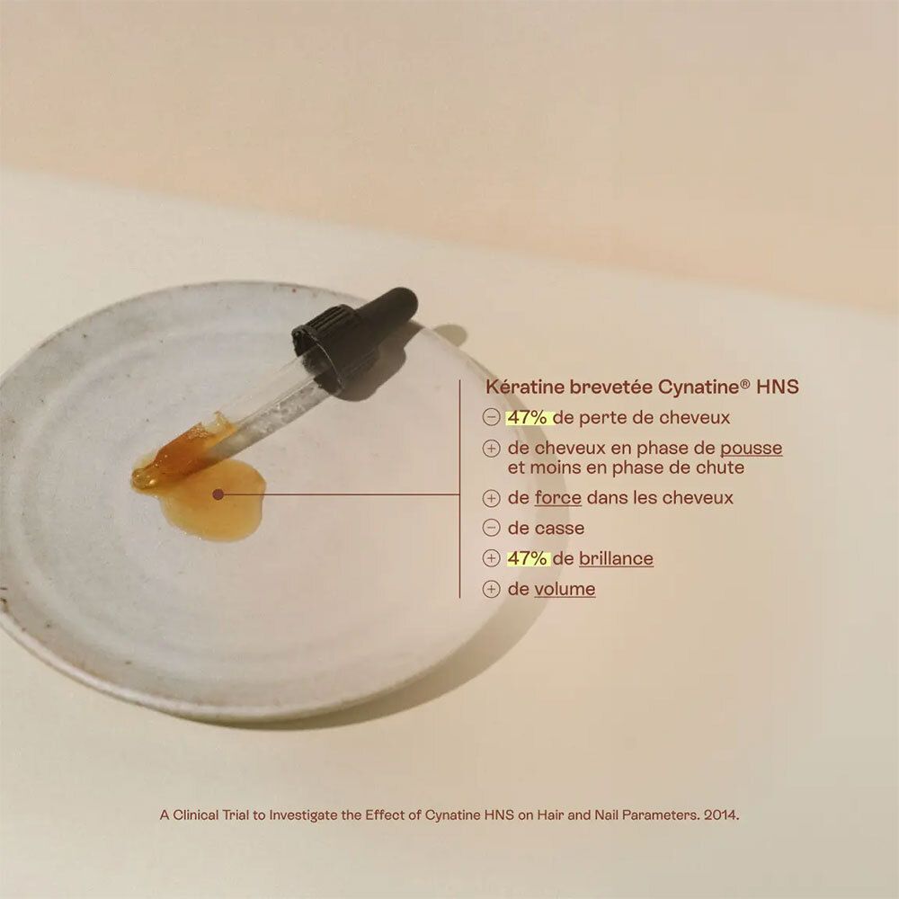 Tropfen auf Teller. Text: Keratine brevetée Cynatine HNS, 47% weniger Haarausfall, mehr Glanz, mehr Volumen.