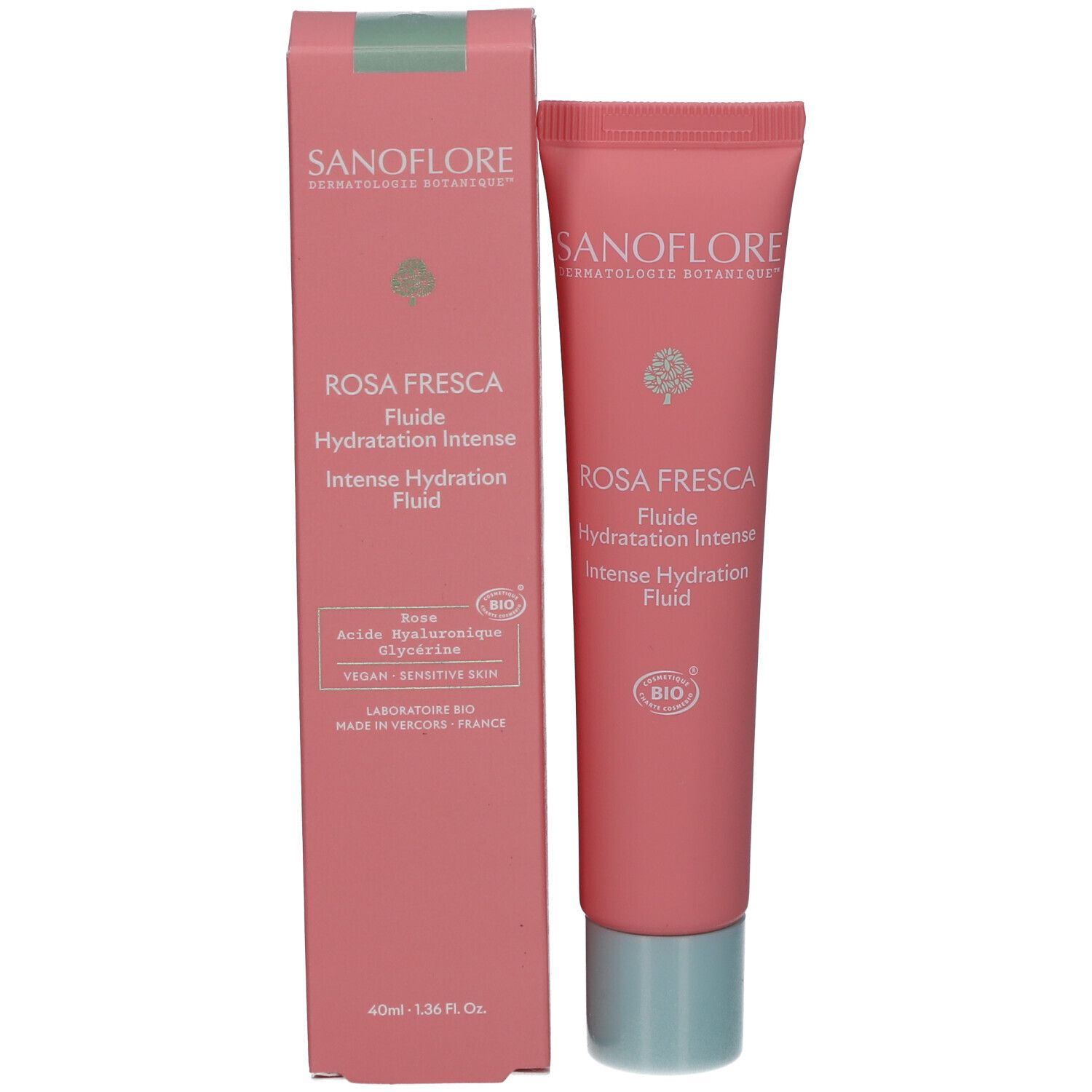 Rosa Fresca Fluid und Verpackung. Rosa Tube und Schachtel. Text: SANOFLORE, Rosa Fresca, Intense Hydratation Fluid. Bio-Zertifizierung.