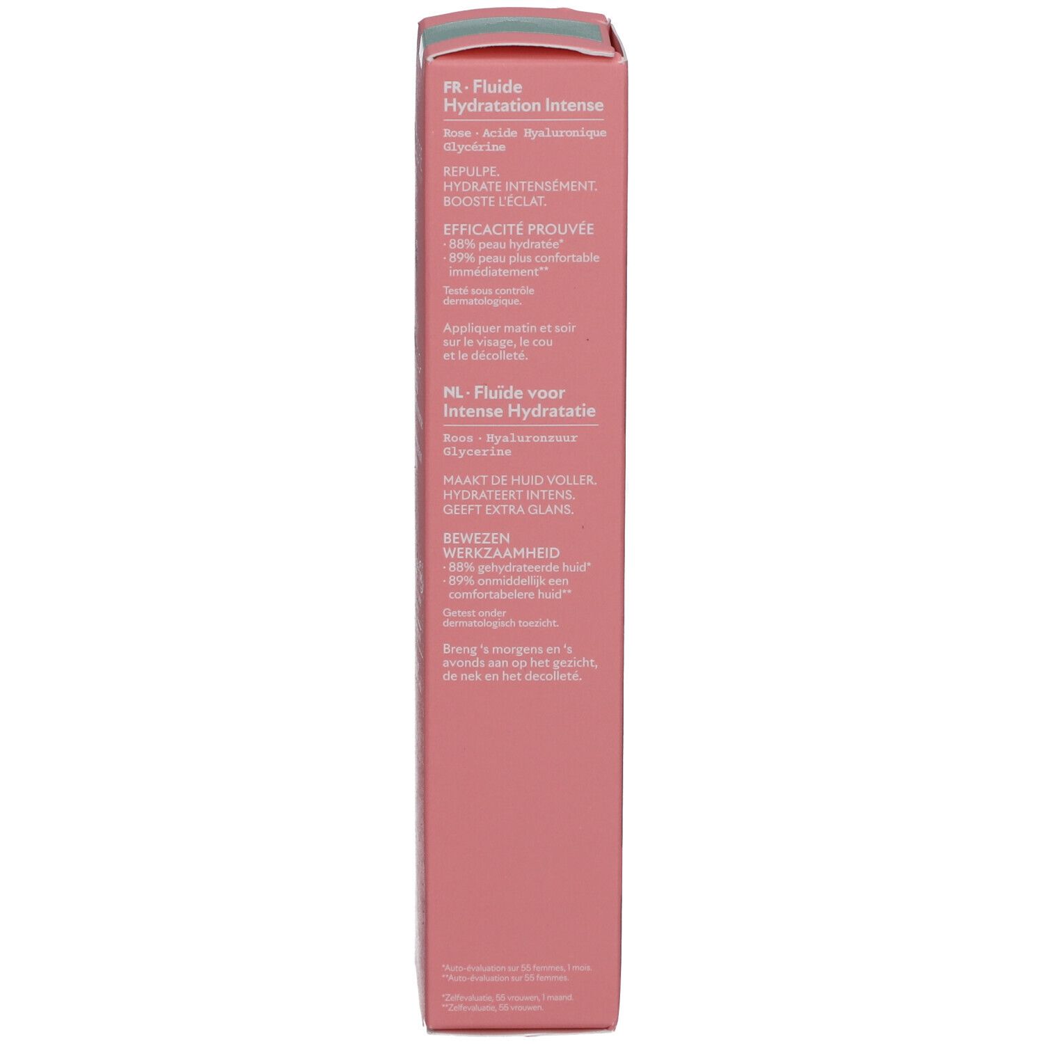 Seite der Schachtel. Text in Französisch und Niederländisch. Rosa Schachtel. Bio-Zertifizierung.