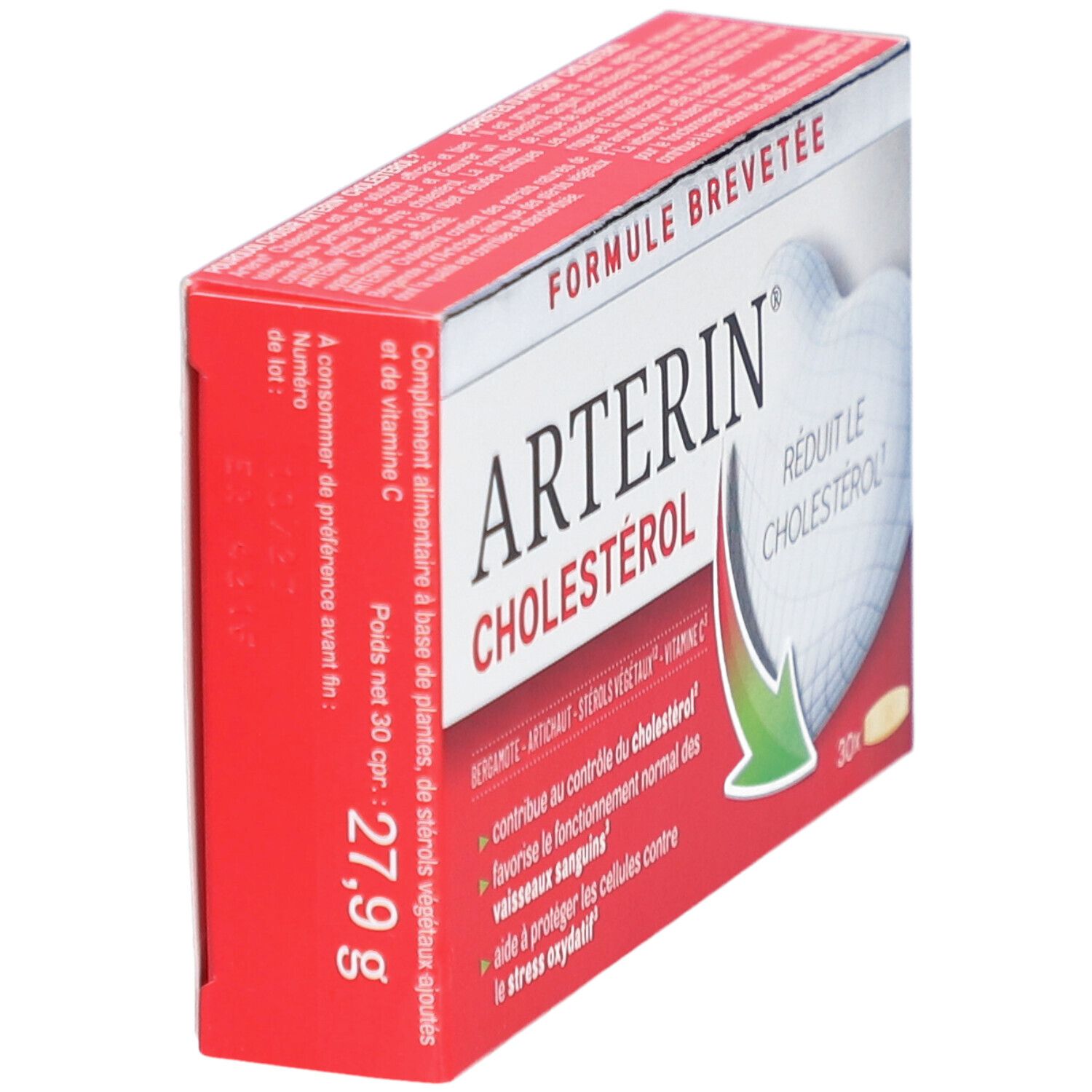 Boîte Arterin Cholestérol en biais. Rouge, informations produit, cœur blanc. Poids net 27,9 g.