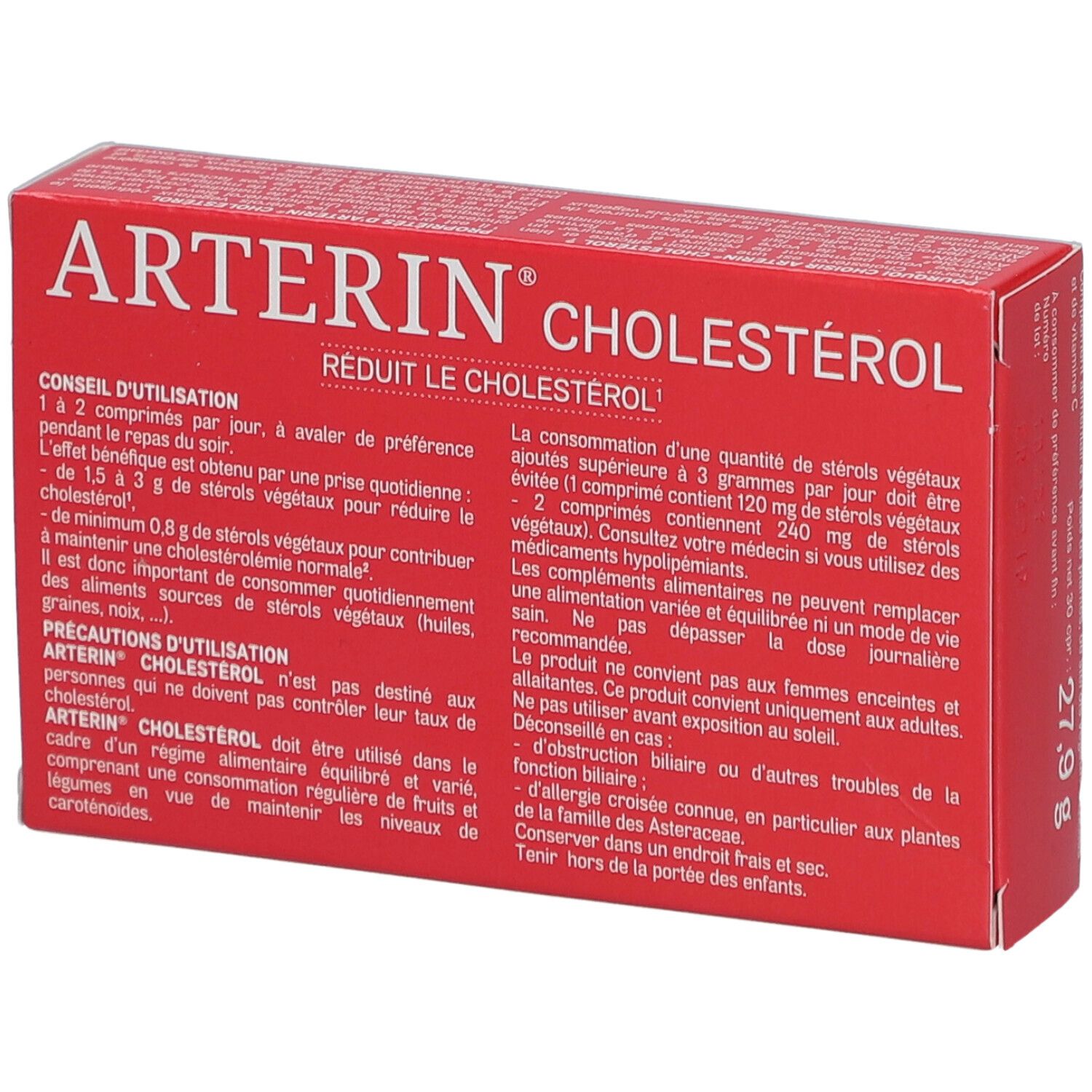 Dos de la boîte Arterin Cholestérol. Rouge, texte. Conseils d'utilisation et précautions.
