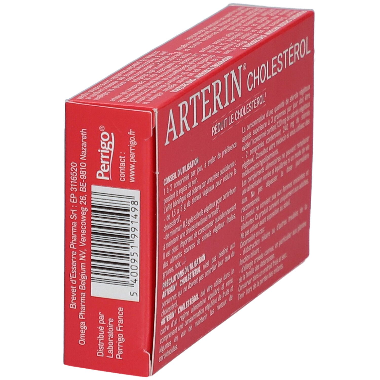 Côté de la boîte Arterin Cholestérol. Rouge, texte. Informations fabricant et contact.