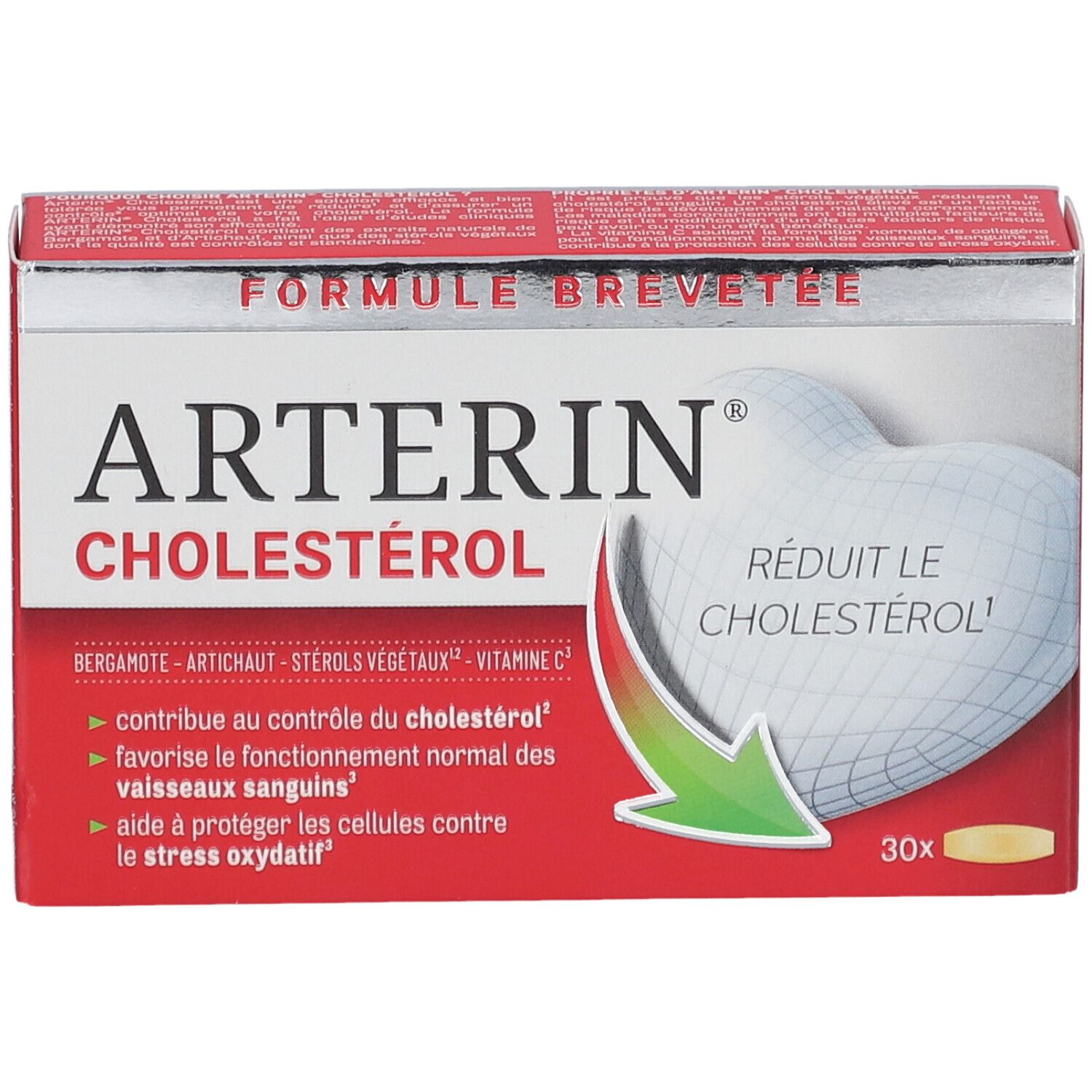 Boîte Arterin Cholestérol. Rouge, cœur blanc, informations produit. Contient 30 comprimés.